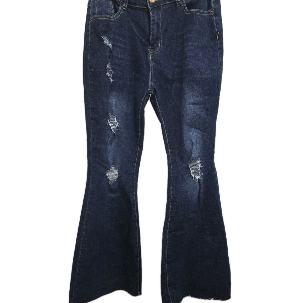 🔥 Women's Super Flare Ripped Jeans 👖 Size L  Dark Blue Denim Pantalons‎